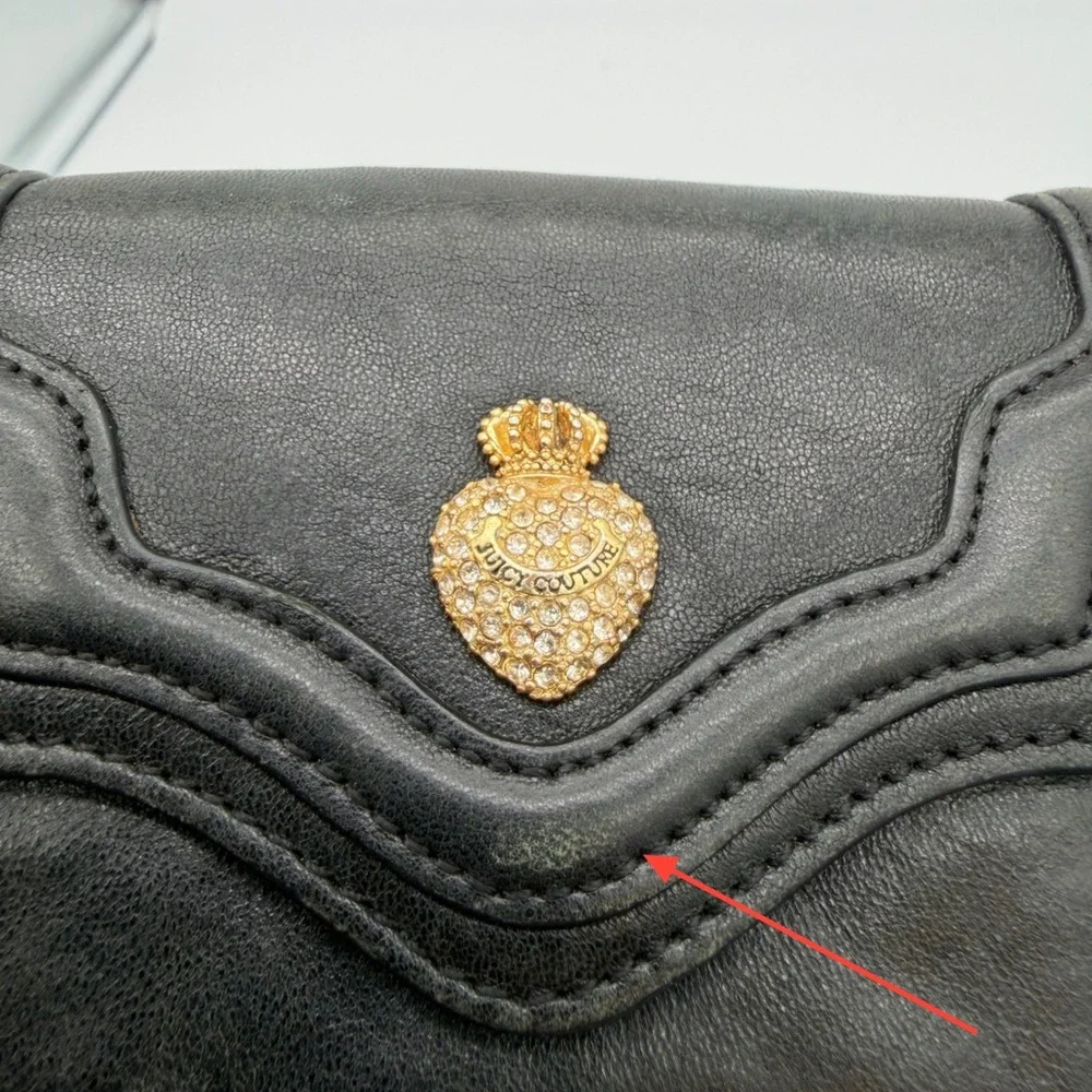 Juicy Couture McBling Y2K Black Leather Rhinestone Crown Heart Key Ring Wallet
